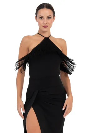 Black Halter Neck Top With Fringe Layer