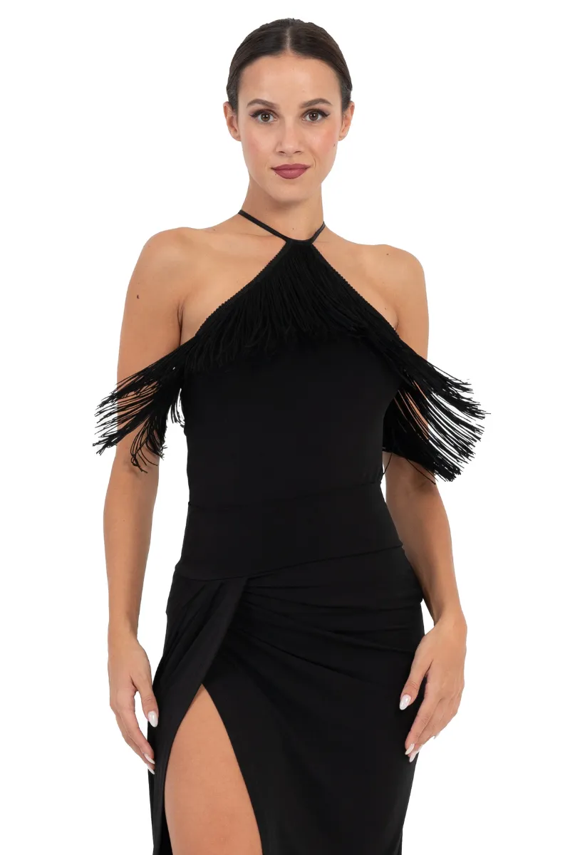 Black Halter Neck Top With Fringe Layer