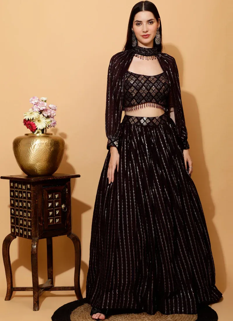 Black Sequence Work  Georgette Wine Crop Top Skirt With Choker Sleeves - Rent