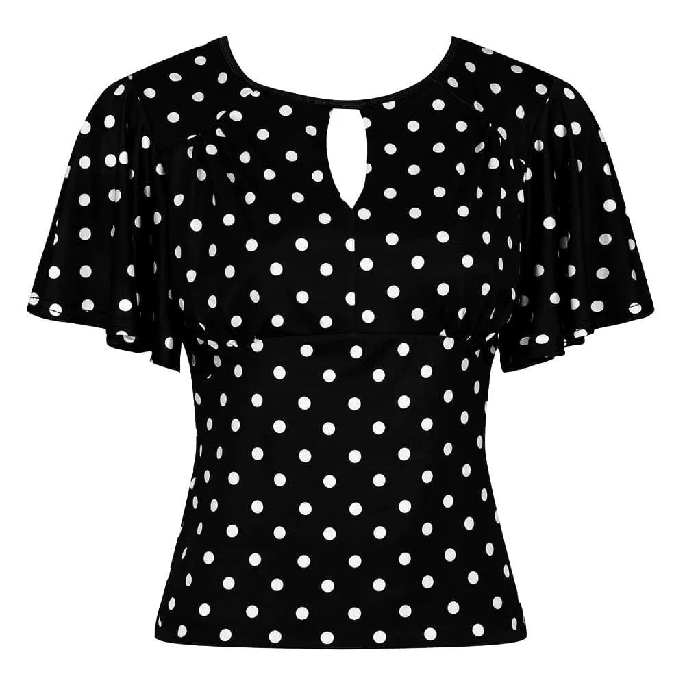 Black White Polka Dot Waterfall Sleeve Top