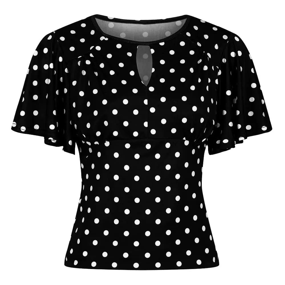 Black White Polka Dot Waterfall Sleeve Top