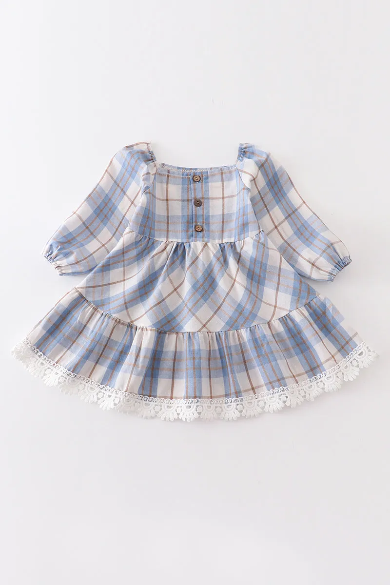 Blue plaid tiered lace dress