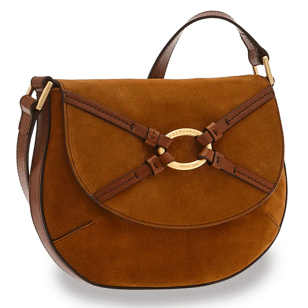 Borsa Donna a Tracolla Media THE BRIDGE linea Amelia in Camoscio Cognac e Pelle Marrone