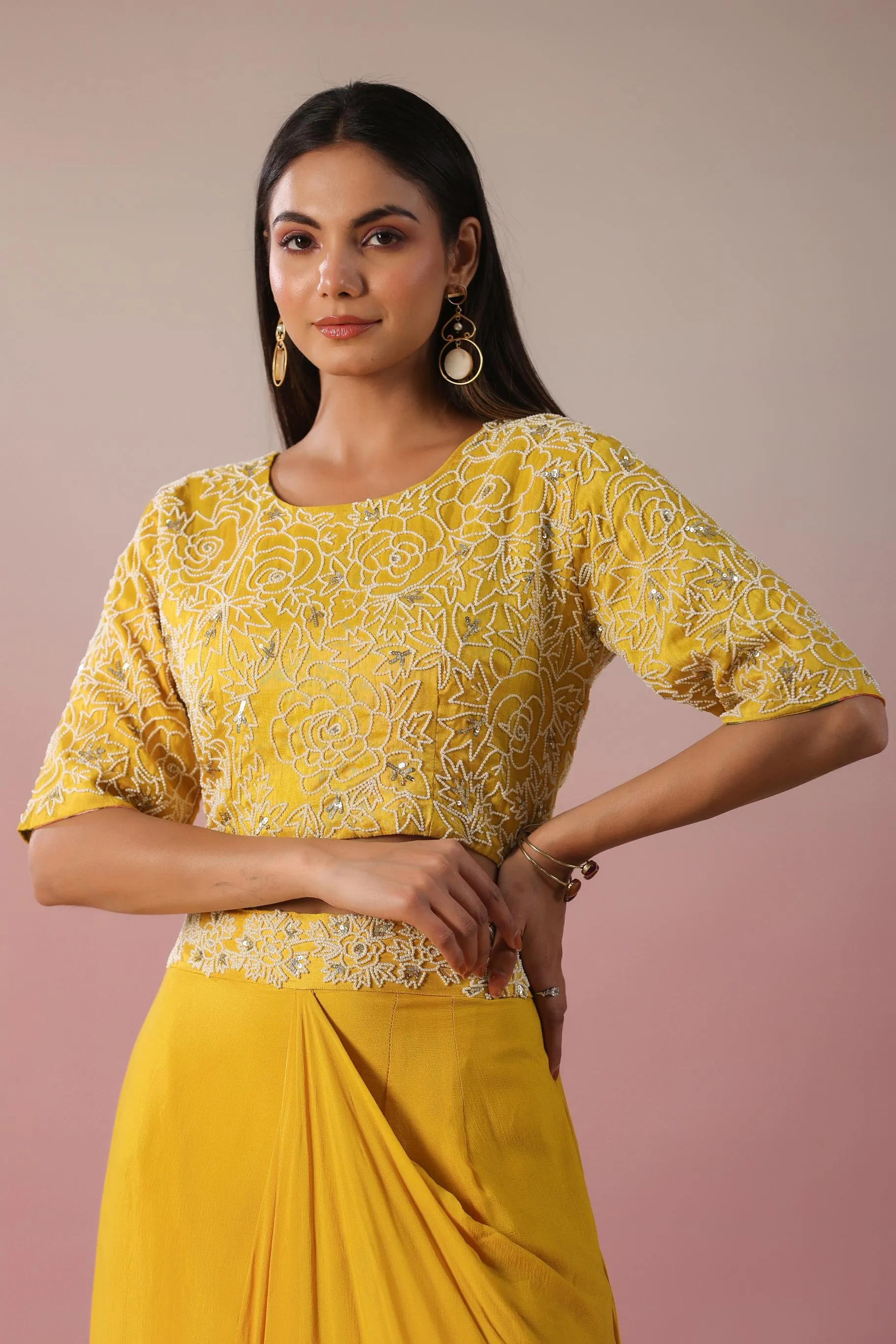 Bright Yellow Embroidered Premium Silk Skirt Set