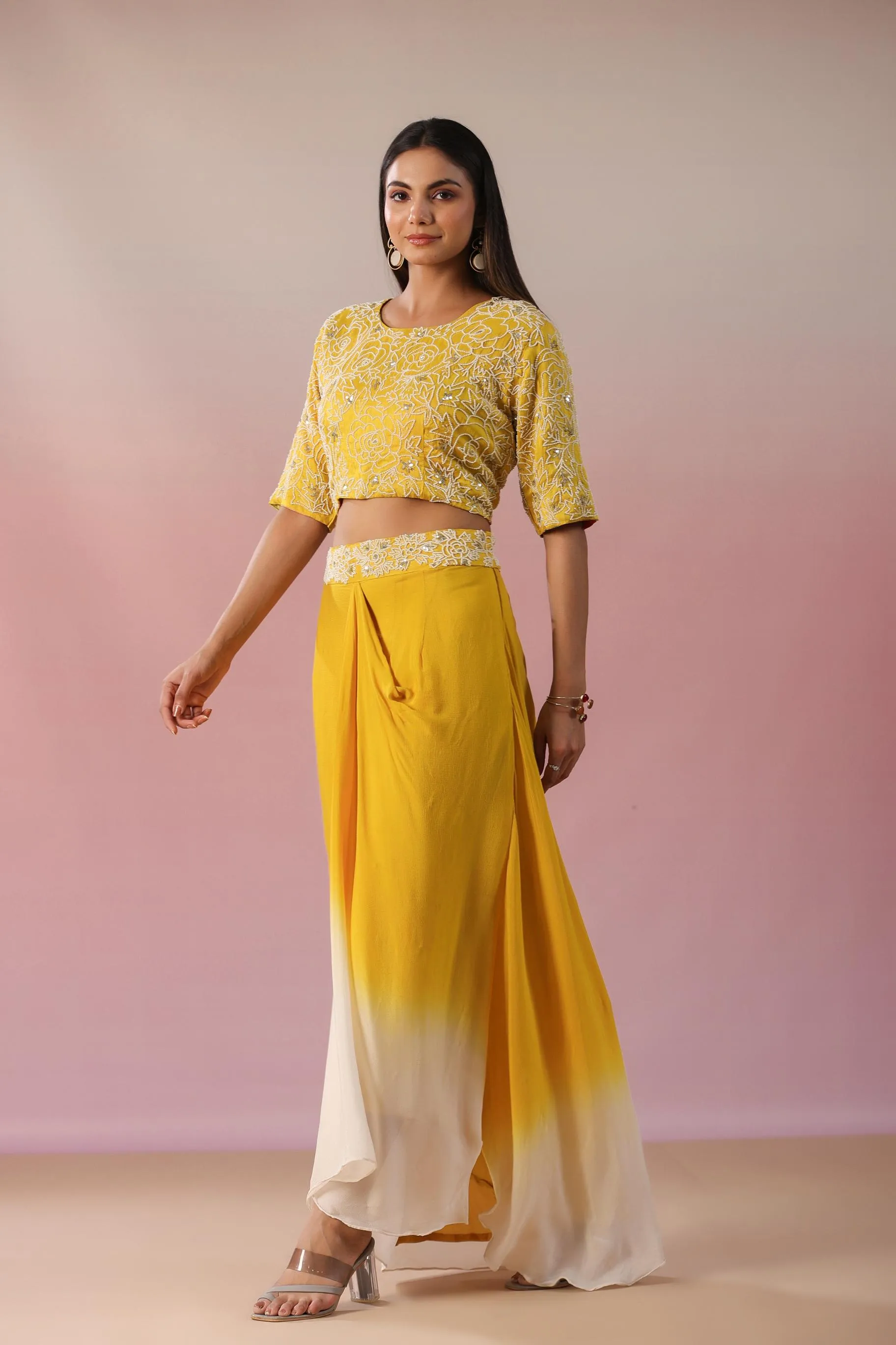 Bright Yellow Embroidered Premium Silk Skirt Set