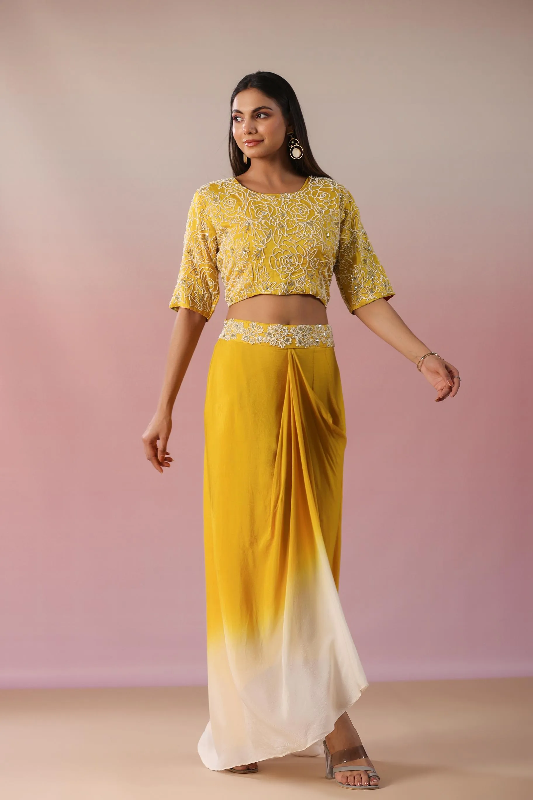 Bright Yellow Embroidered Premium Silk Skirt Set