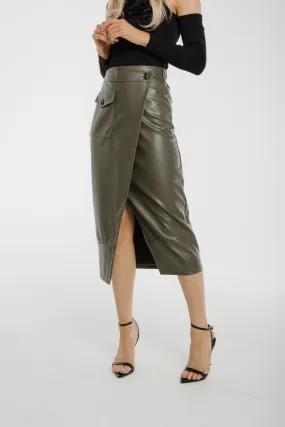 Caitlyn Wrap Faux Leather Midi Skirt In Khaki