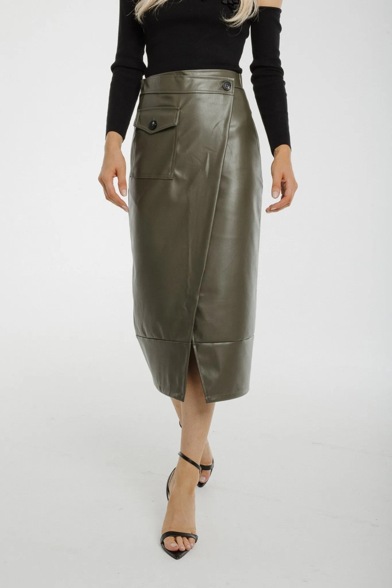 Caitlyn Wrap Faux Leather Midi Skirt In Khaki