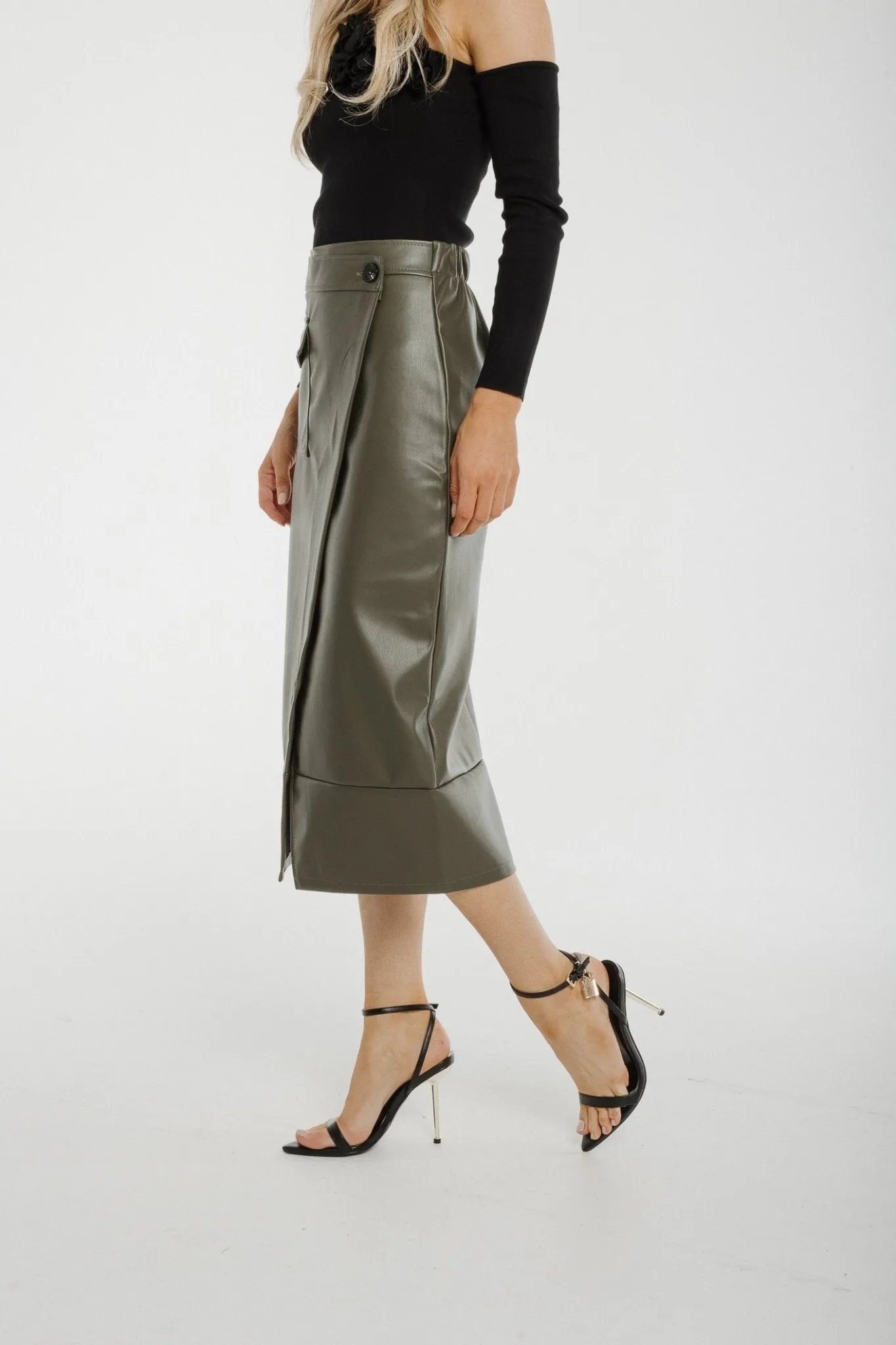 Caitlyn Wrap Faux Leather Midi Skirt In Khaki