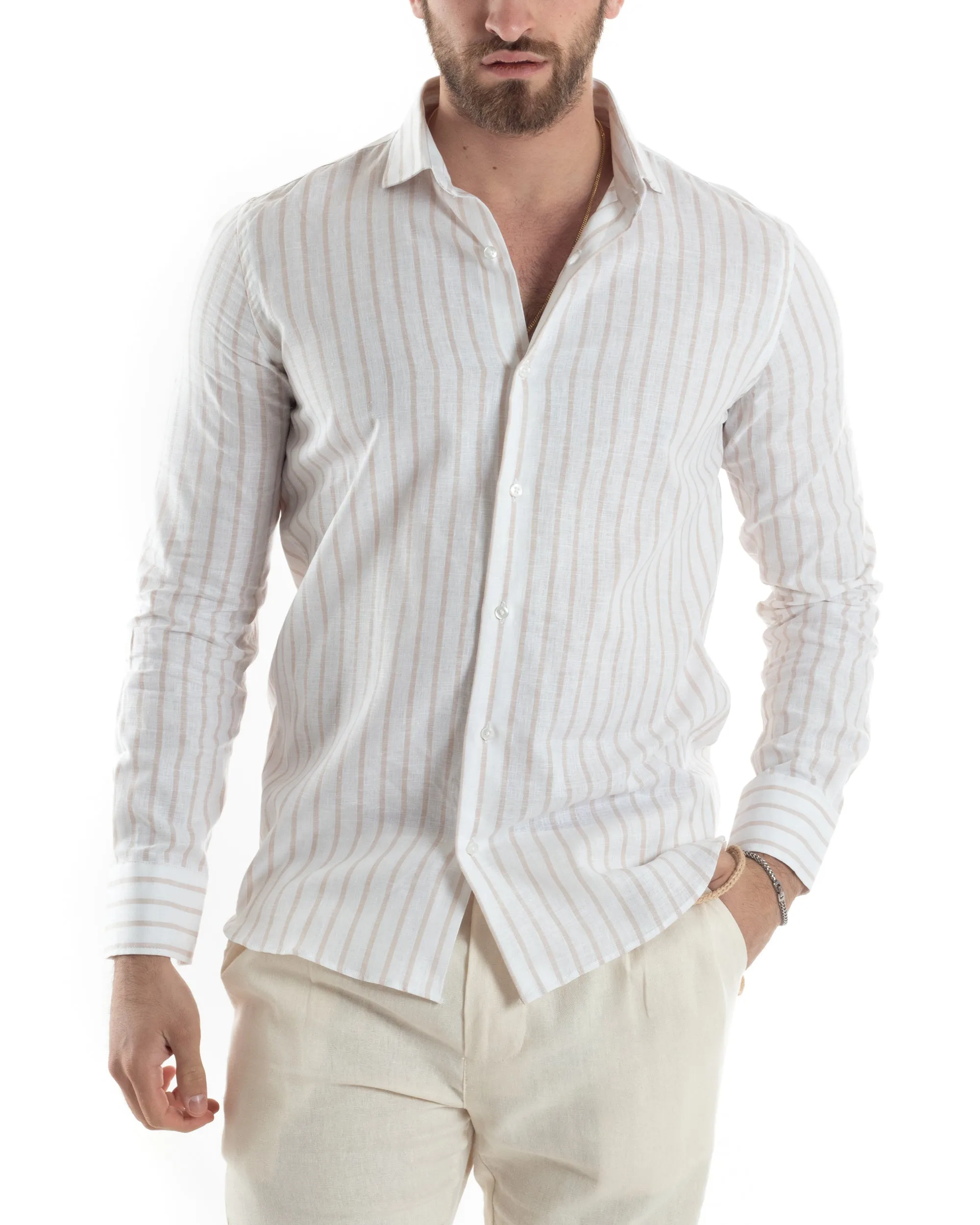 Camicia Uomo Con Colletto Francese Manica Lunga Lino Riga Stretta Casual Beige GIOSAL-C2750A