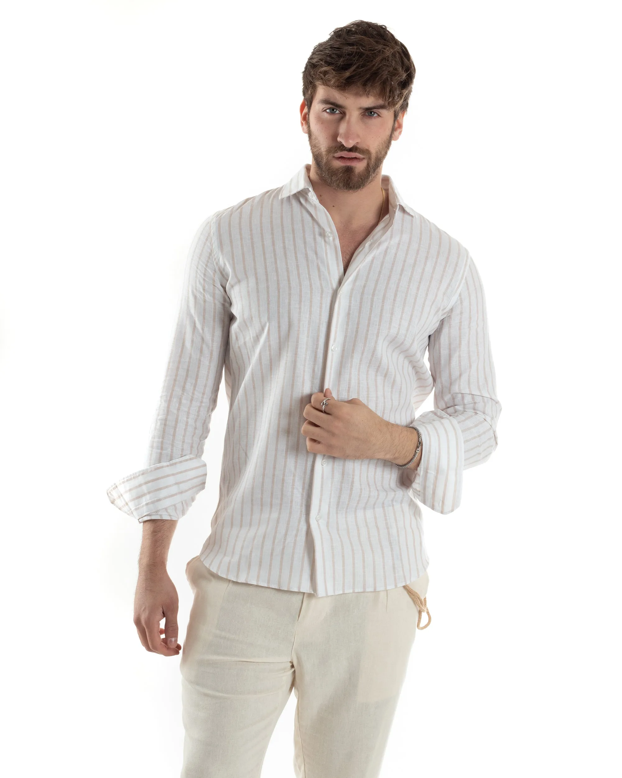 Camicia Uomo Con Colletto Francese Manica Lunga Lino Riga Stretta Casual Beige GIOSAL-C2750A