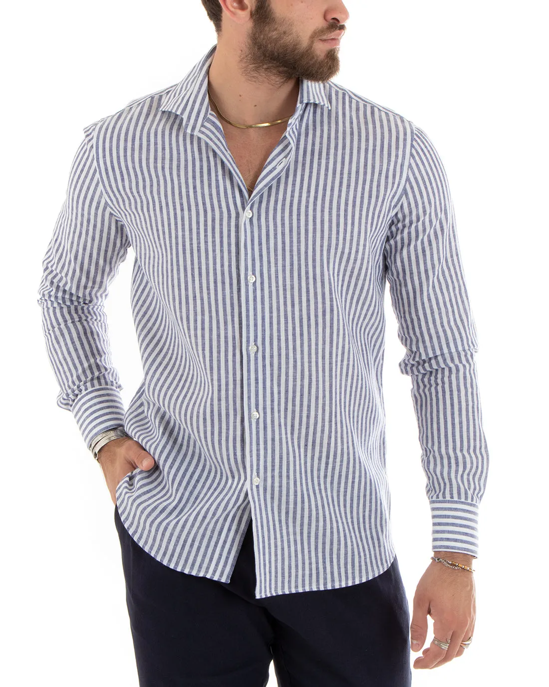 Camicia Uomo Con Colletto Francese Sartoriale Manica Lunga Lino Rigata Stretta Blu GIOSAL-C2688A