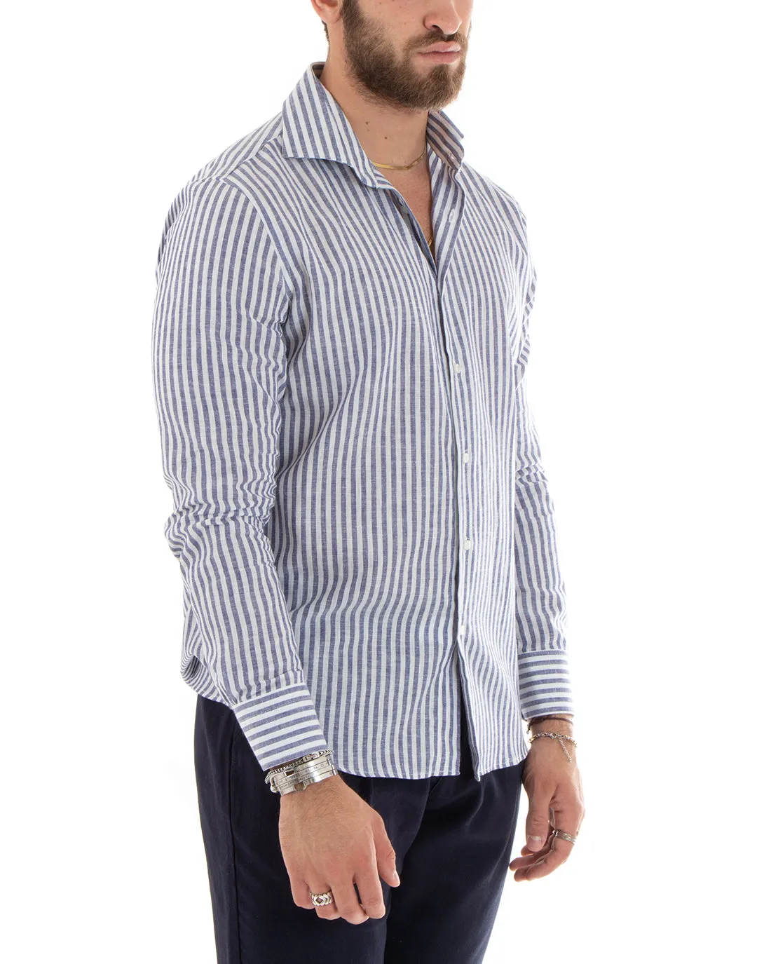 Camicia Uomo Con Colletto Francese Sartoriale Manica Lunga Lino Rigata Stretta Blu GIOSAL-C2688A