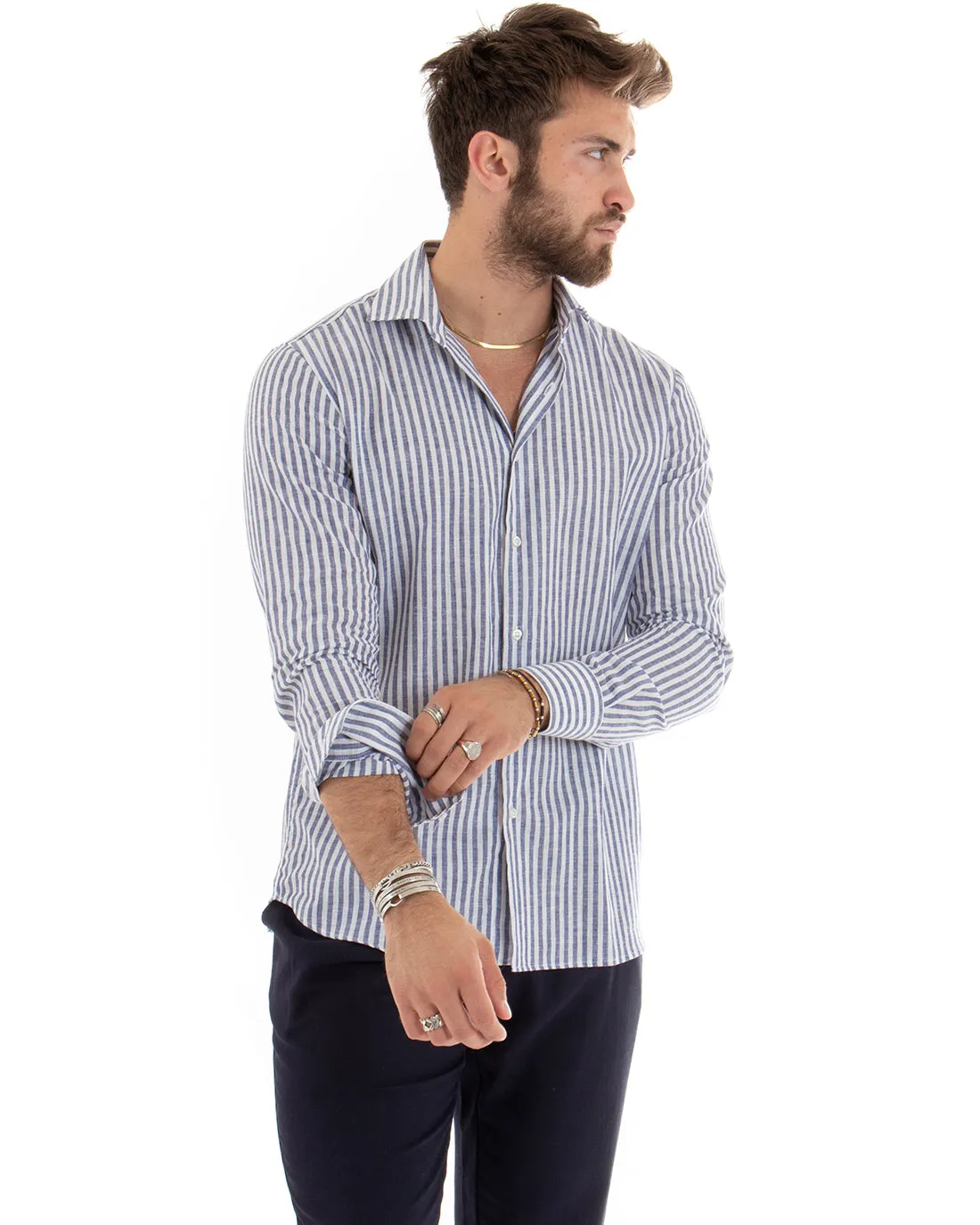 Camicia Uomo Con Colletto Francese Sartoriale Manica Lunga Lino Rigata Stretta Blu GIOSAL-C2688A