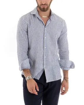 Camicia Uomo Con Colletto Francese Sartoriale Manica Lunga Lino Rigata Stretta Blu GIOSAL-C2688A