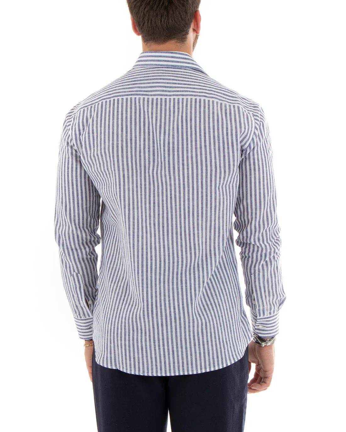 Camicia Uomo Con Colletto Francese Sartoriale Manica Lunga Lino Rigata Stretta Blu GIOSAL-C2688A