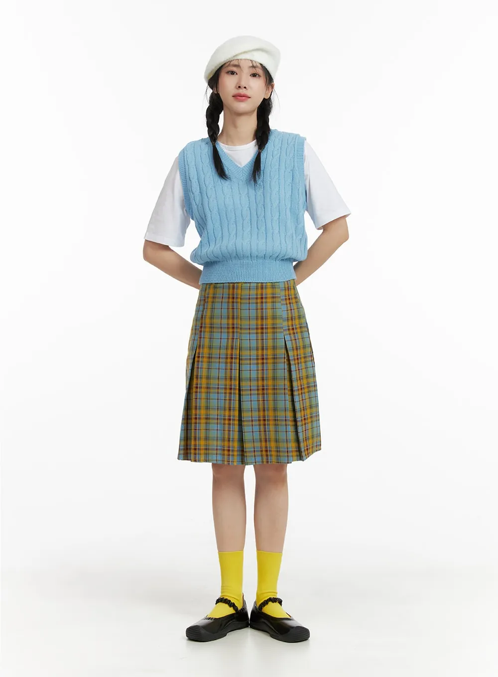 Contrasting Plaid Pleated Midi Skirt OM408