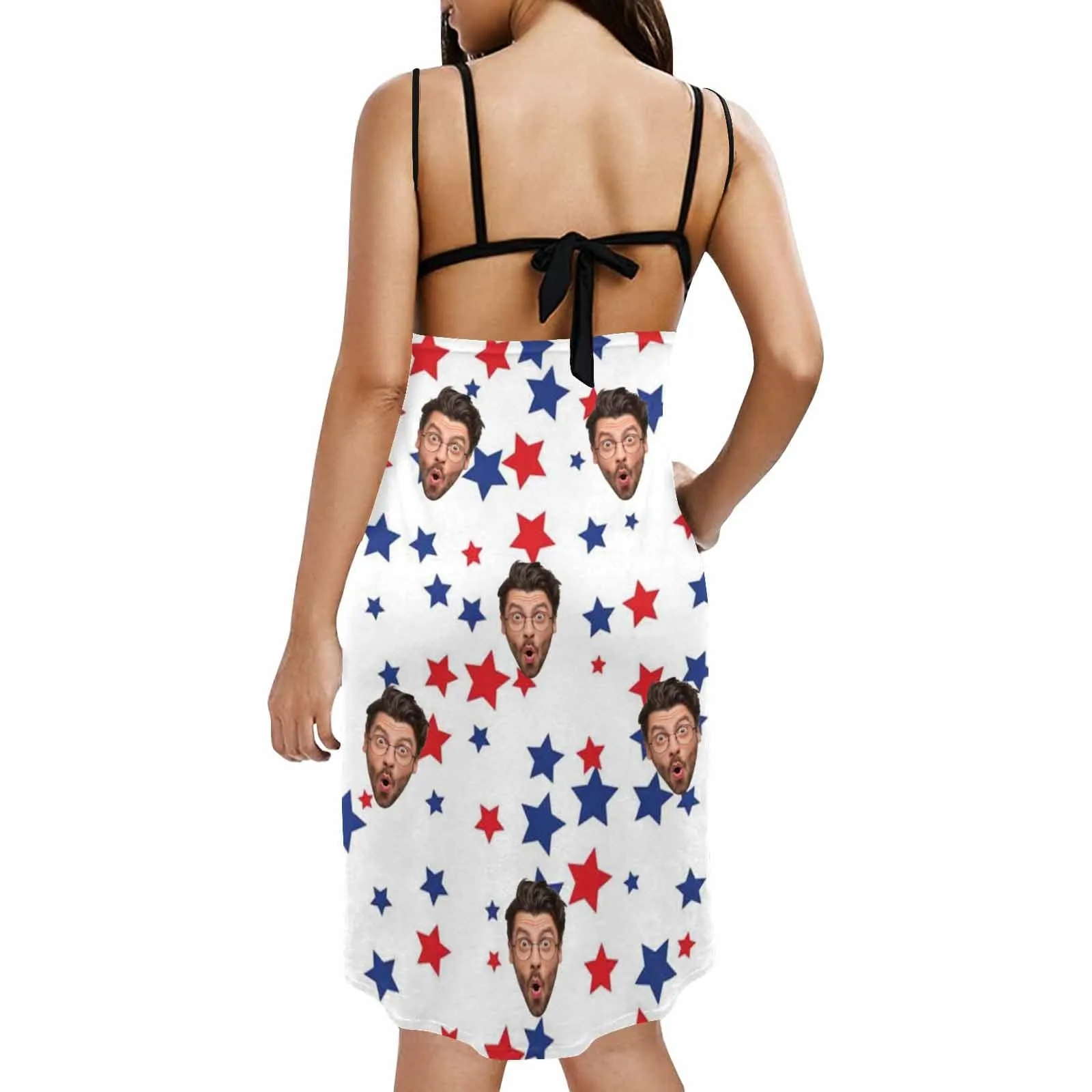 Custom Husband Face Red Blue Star Spaghetti Strap Backless Beach Dress Personalized Women's Cover up Beach Dress