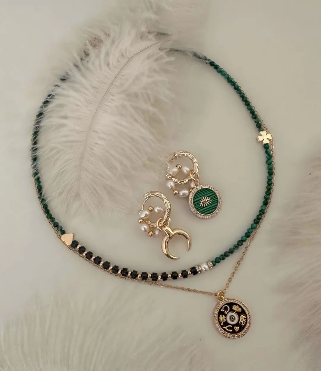 Delicate Green Emerald, Black Spinel Choker Necklace