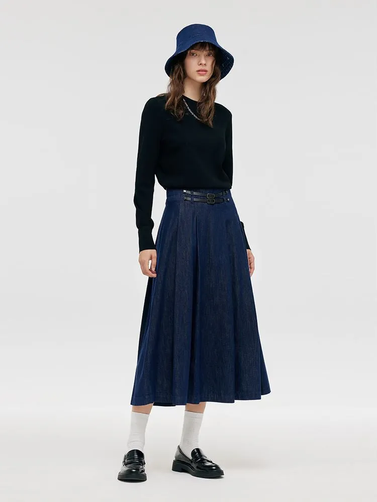 Denim Pleated Women Half Skirt