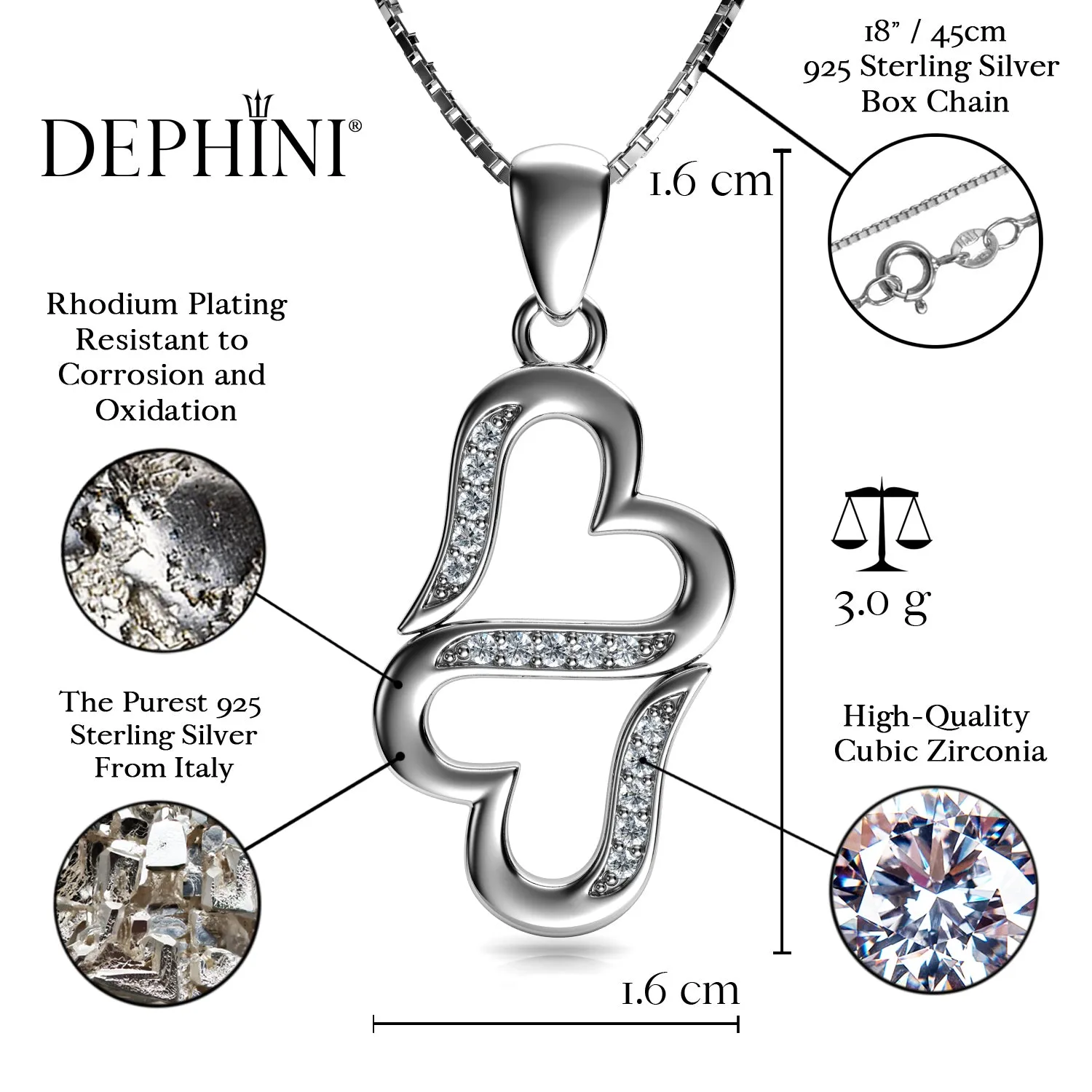 DEPHINI - Two Hearts Necklace - 925 Sterling Silver Minimalist Pendant