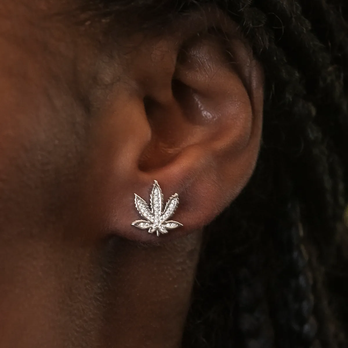 Diamond Weed Leaf Stud Earrings