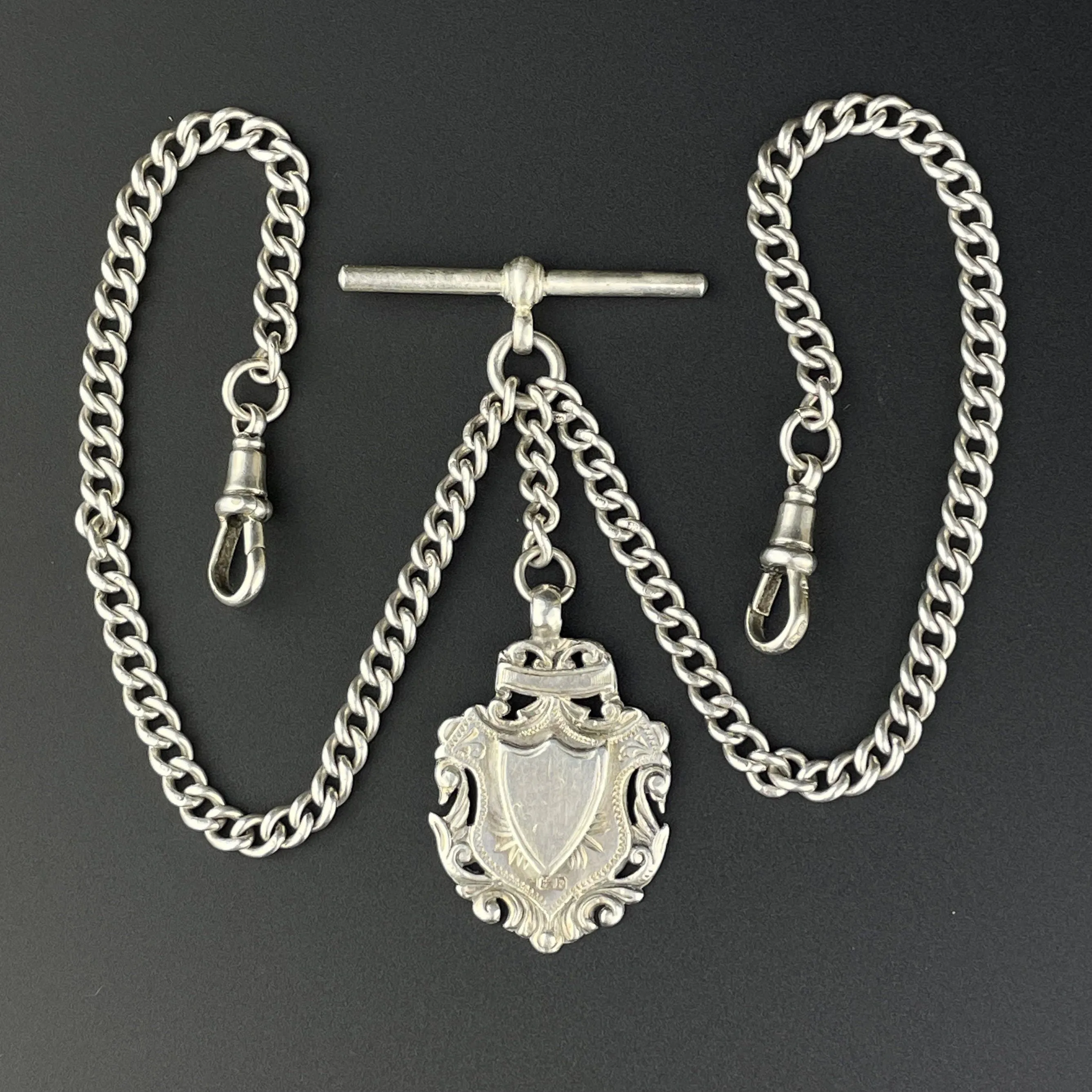 Edwardian Silver Shield Double Albert Pocket Watch Chain