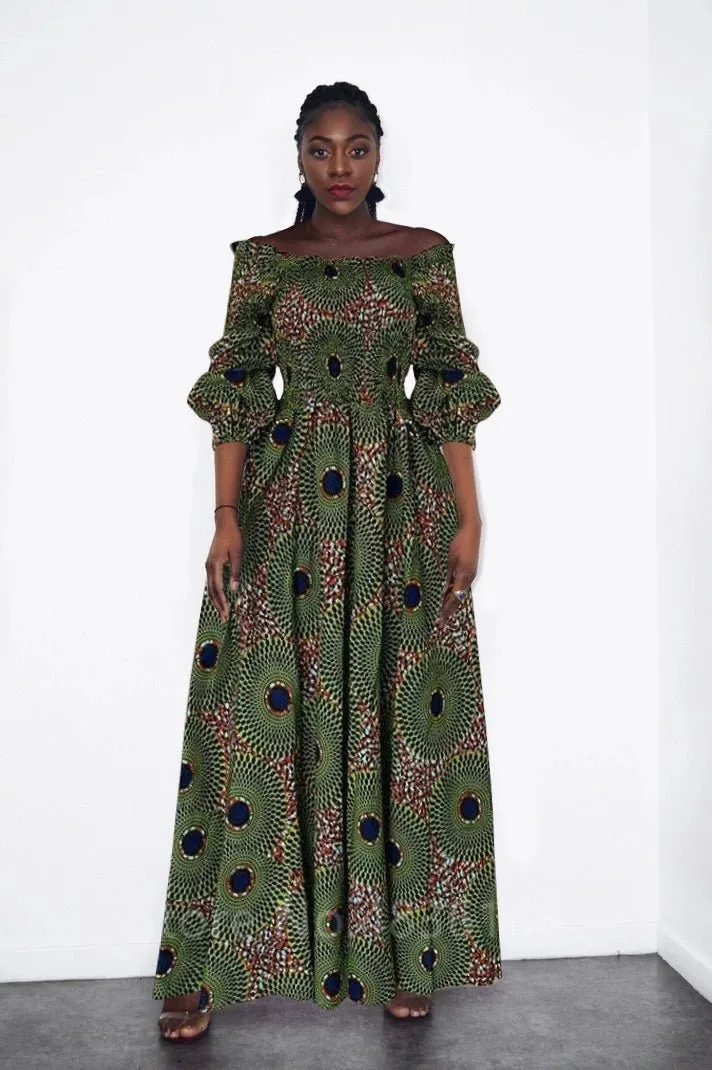 Elegant African Print Maxi Dress for Women - Vintage Long-Sleeve, Off-Shoulder Party Dress