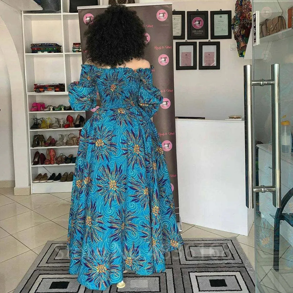 Elegant African Print Maxi Dress for Women - Vintage Long-Sleeve, Off-Shoulder Party Dress