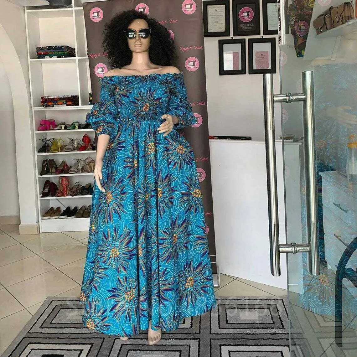 Elegant African Print Maxi Dress for Women - Vintage Long-Sleeve, Off-Shoulder Party Dress