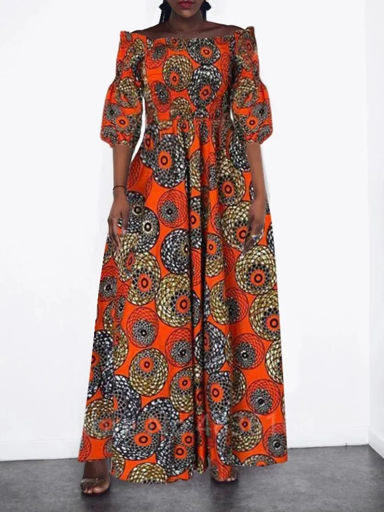 Elegant African Print Maxi Dress for Women - Vintage Long-Sleeve, Off-Shoulder Party Dress