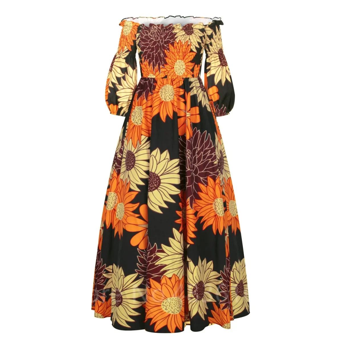 Elegant African Print Maxi Dress for Women - Vintage Long-Sleeve, Off-Shoulder Party Dress