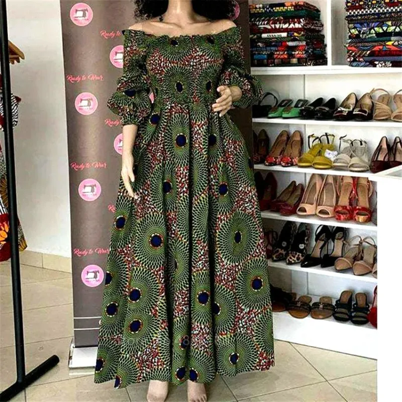 Elegant African Print Maxi Dress for Women - Vintage Long-Sleeve, Off-Shoulder Party Dress