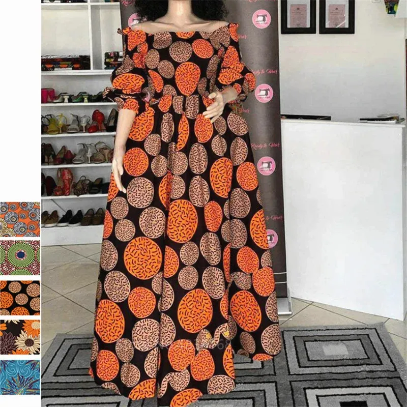 Elegant African Print Maxi Dress for Women - Vintage Long-Sleeve, Off-Shoulder Party Dress