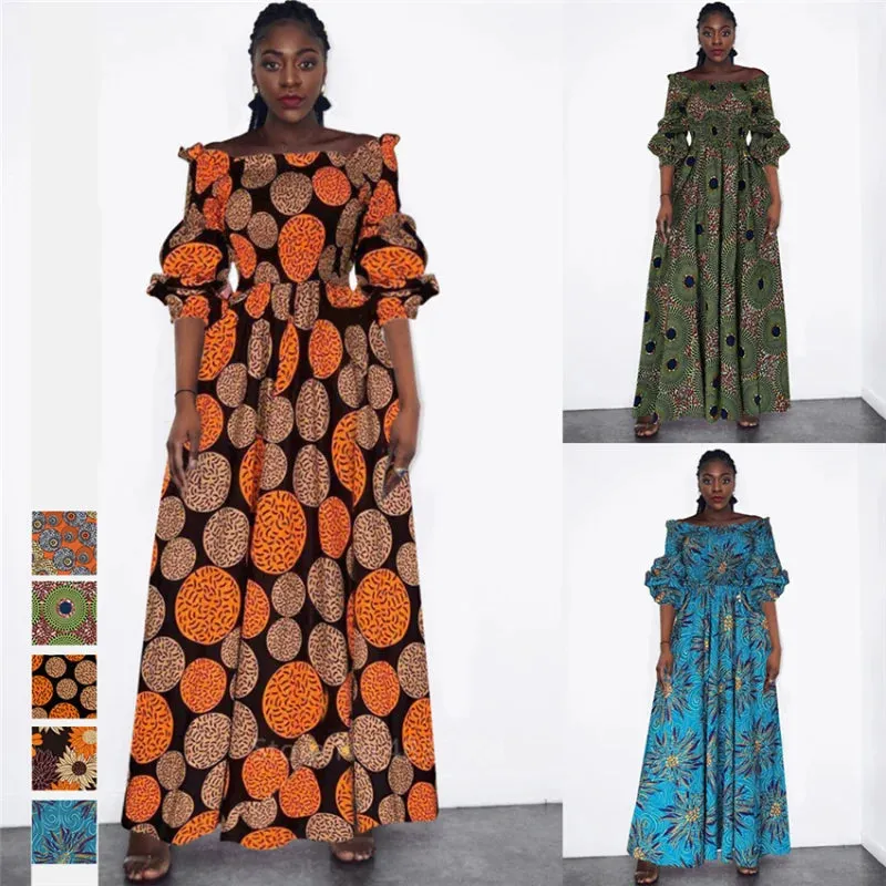 Elegant African Print Maxi Dress for Women - Vintage Long-Sleeve, Off-Shoulder Party Dress