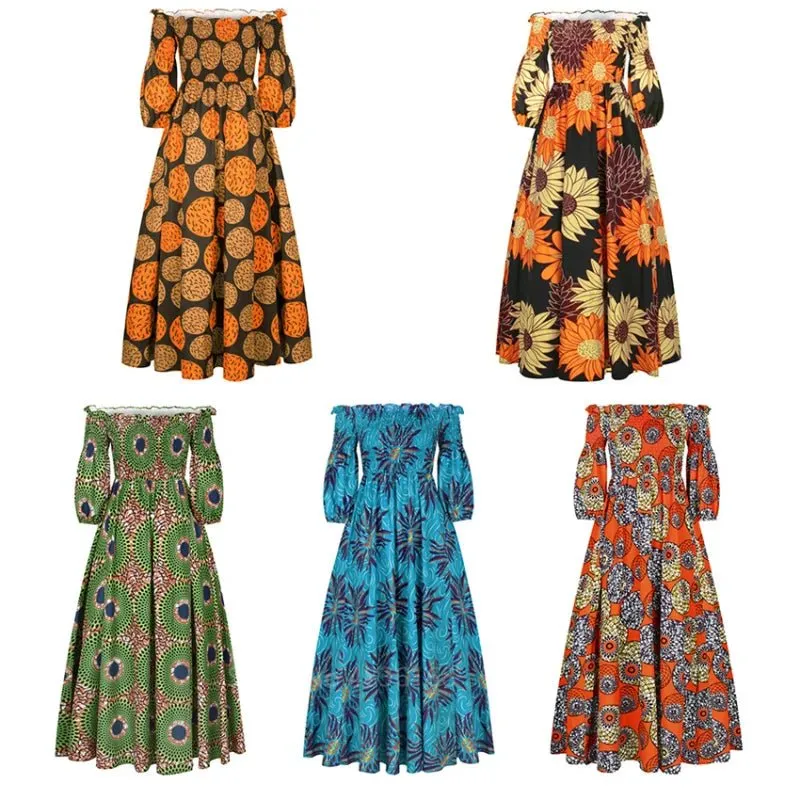 Elegant African Print Maxi Dress for Women - Vintage Long-Sleeve, Off-Shoulder Party Dress