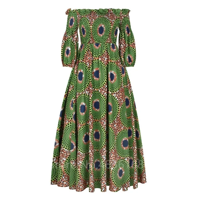 Elegant African Print Maxi Dress for Women - Vintage Long-Sleeve, Off-Shoulder Party Dress