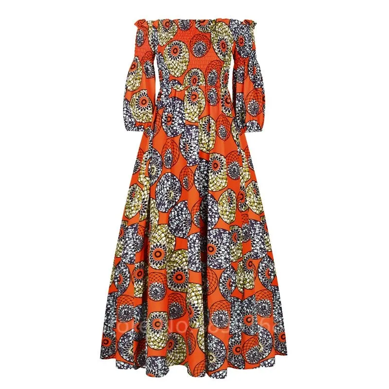 Elegant African Print Maxi Dress for Women - Vintage Long-Sleeve, Off-Shoulder Party Dress