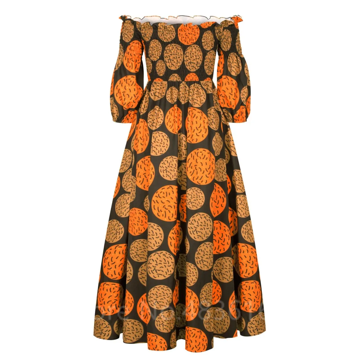 Elegant African Print Maxi Dress for Women - Vintage Long-Sleeve, Off-Shoulder Party Dress