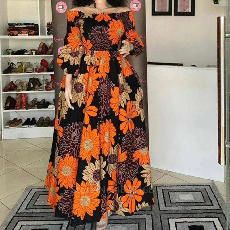 Elegant African Print Maxi Dress for Women - Vintage Long-Sleeve, Off-Shoulder Party Dress