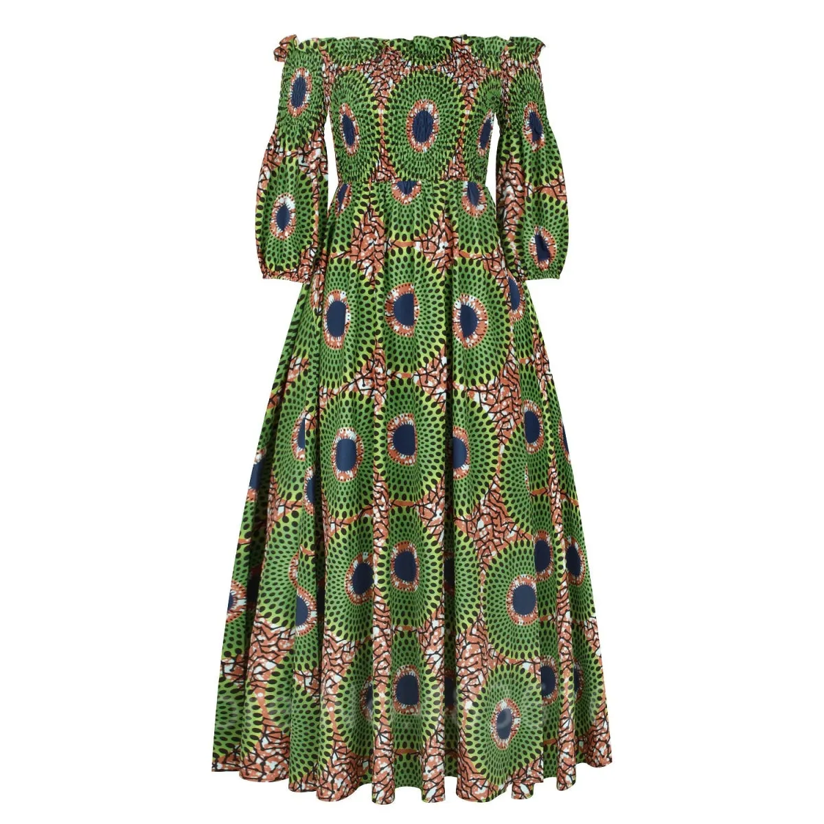 Elegant African Print Maxi Dress for Women - Vintage Long-Sleeve, Off-Shoulder Party Dress