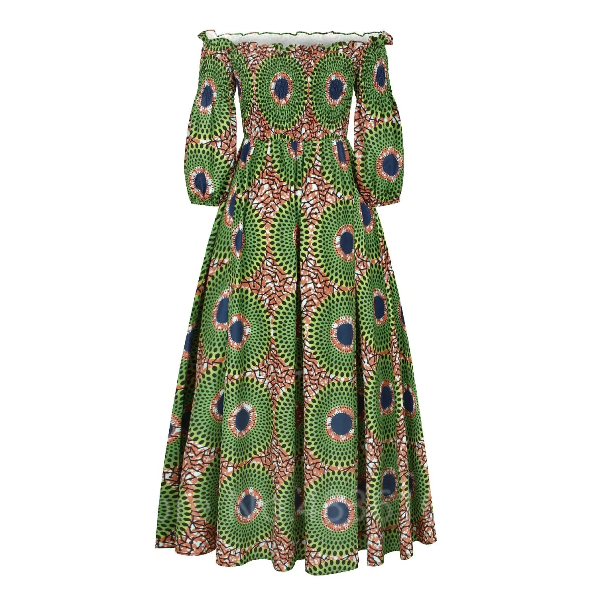 Elegant African Print Maxi Dress for Women - Vintage Long-Sleeve, Off-Shoulder Party Dress