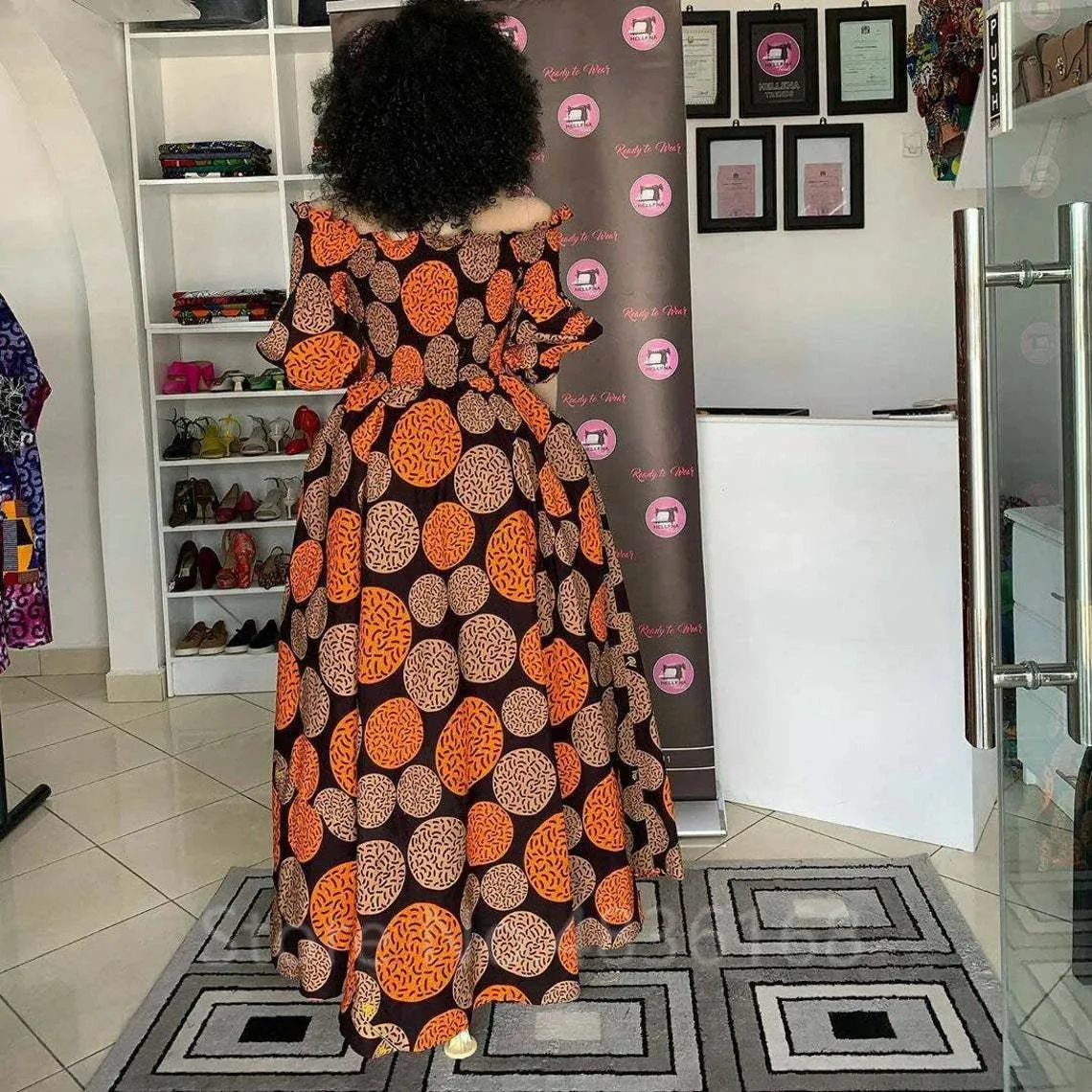 Elegant African Print Maxi Dress for Women - Vintage Long-Sleeve, Off-Shoulder Party Dress