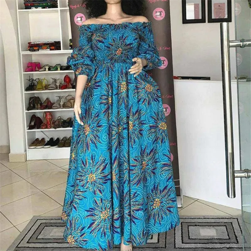 Elegant African Print Maxi Dress for Women - Vintage Long-Sleeve, Off-Shoulder Party Dress