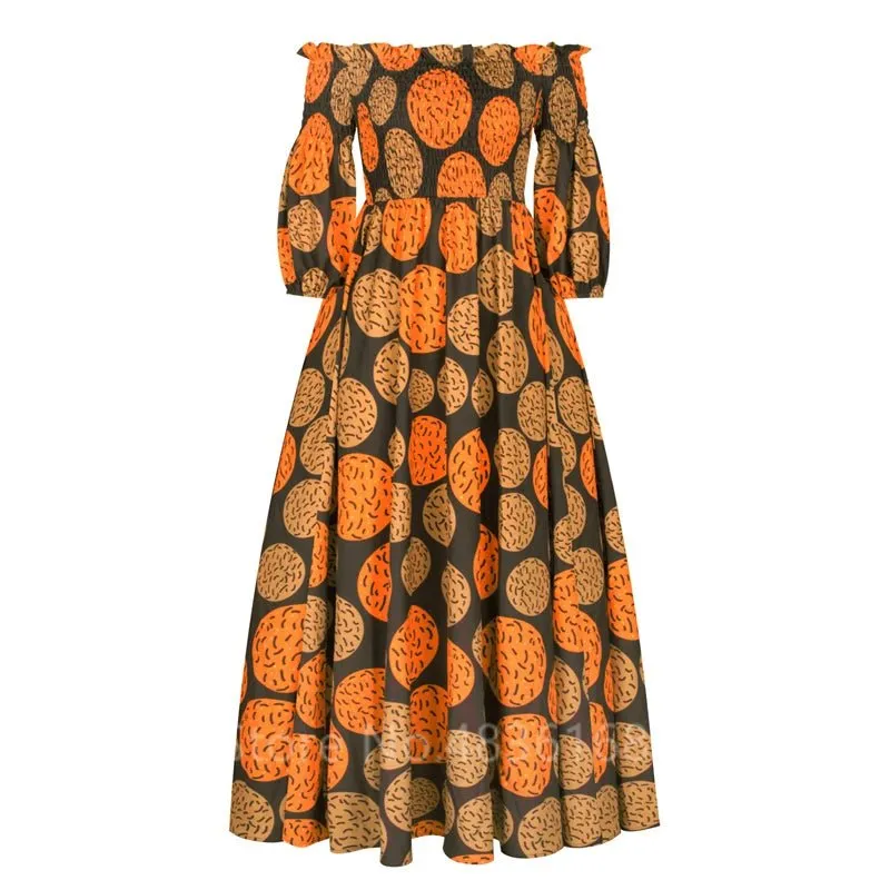 Elegant African Print Maxi Dress for Women - Vintage Long-Sleeve, Off-Shoulder Party Dress