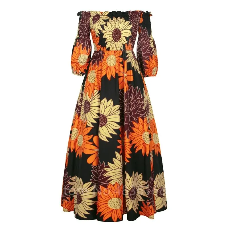 Elegant African Print Maxi Dress for Women - Vintage Long-Sleeve, Off-Shoulder Party Dress