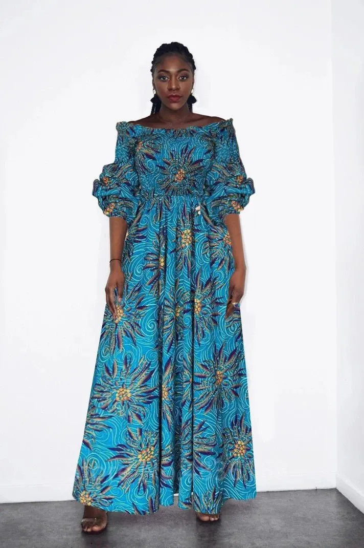 Elegant African Print Maxi Dress for Women - Vintage Long-Sleeve, Off-Shoulder Party Dress