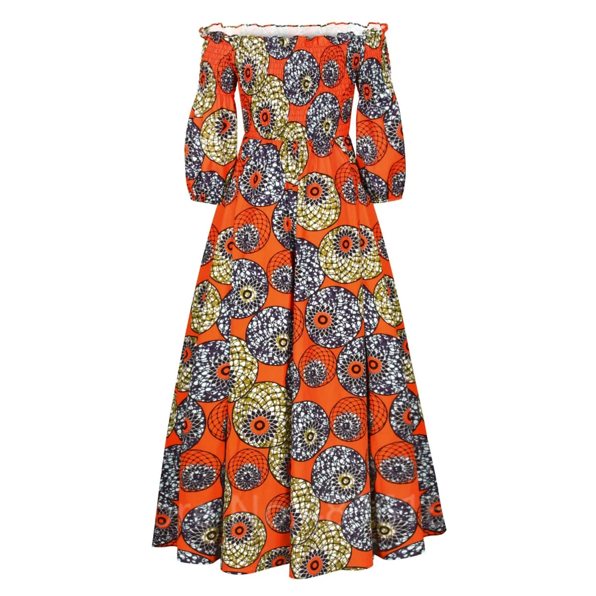 Elegant African Print Maxi Dress for Women - Vintage Long-Sleeve, Off-Shoulder Party Dress