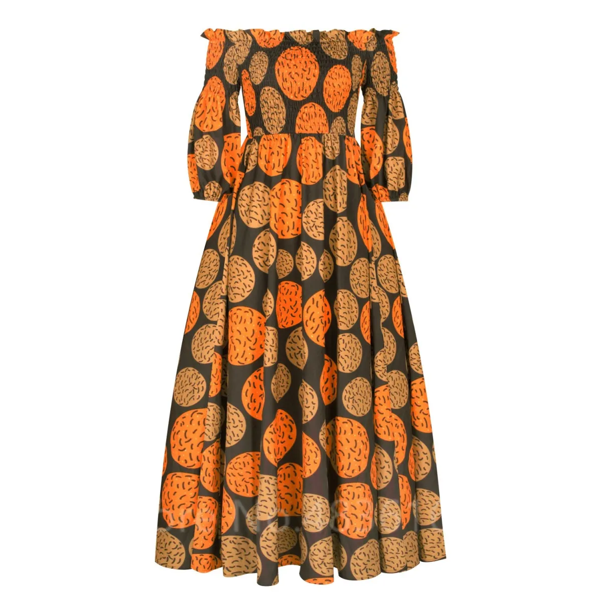 Elegant African Print Maxi Dress for Women - Vintage Long-Sleeve, Off-Shoulder Party Dress