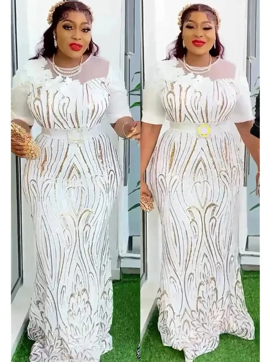 Elegant African Wedding Party Dresses for Women: Short Sleeve O-Neck Polyester Maxi Evening Gowns